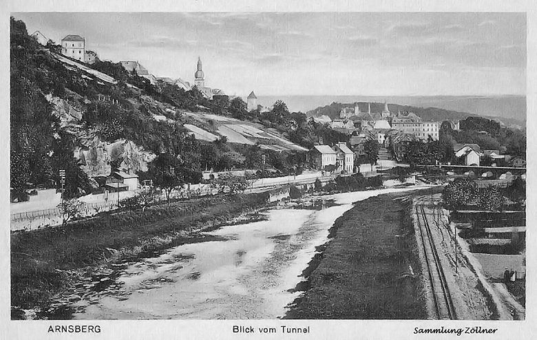 Blick vom Viadukt in Richtung Jägerbrücke mit RLK-Dreischienengleis, um 1910