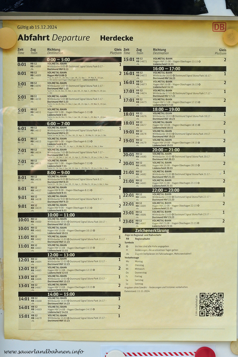 Aushangfahrplan Bahnhof Herdecke Sommerfahrplan 2025 — © Sauerlandbahnen.info